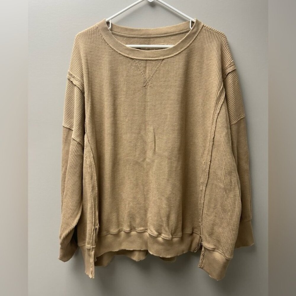 American Eagle Tan ‘This Feels Seriously Lived-In’ Oversized WaffleKnit Crewneck